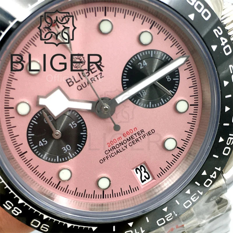 BLIGER 39mm VK64 Moon Quartz Chronograph Watch For Men Sapphire Glass Black Pink Dial With 5 Hands Green Luminous 6 O'clock Date