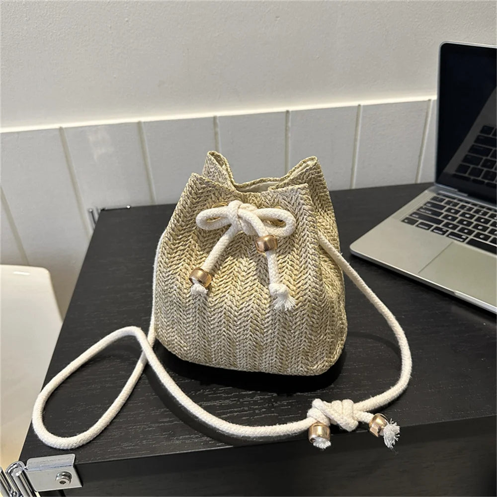 2024 New Women Crossbody Bag Soft Woven Straw Shoulder Bags Ladies Casual Summer Beach Handbag Tote Bucket Bag Hot Selling