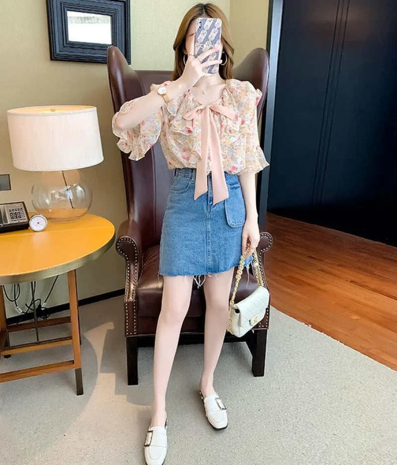 Chiffon with Bow Women's Shirts and Blouses Floral Top for Woman Ruffle Frill V Neck Clothing Youthful New Collection 2024 Trend