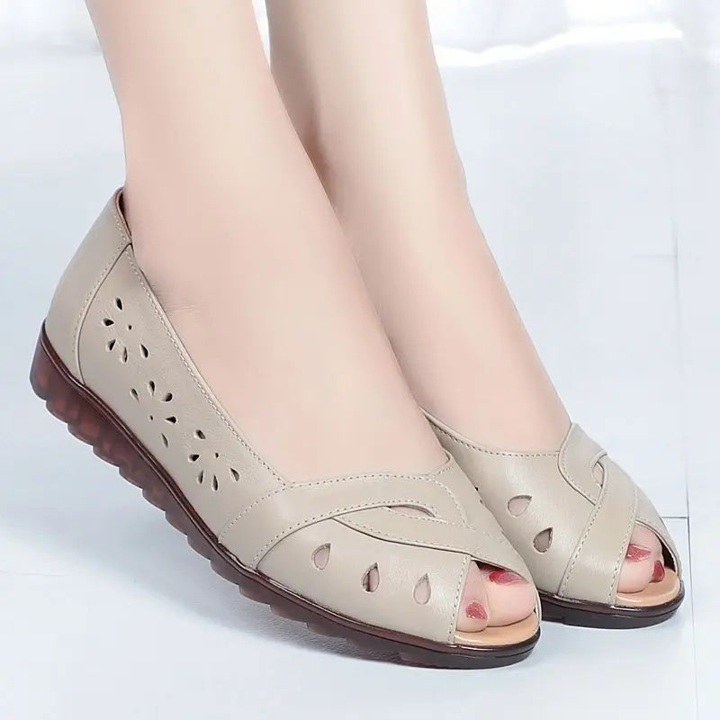 2023 Newly Cutout Leather Sandals Woman Fashion Peep Toe Wedge Summer Shoes Ladies Slip On Hollow Out Loafer Sandal Mom's Shoes