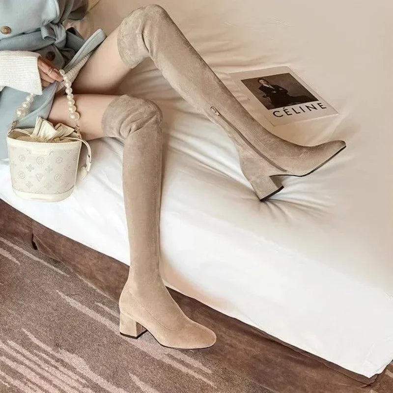 Elastic Long Faux Suede Boots Woman Over-the-knee Boots Casual Black Platform Shoes for Women Autumn Ladies Bottes 2024