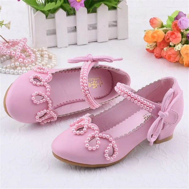 Princess Kids High Heels Shoes Kids Dress Party Leather Shoes Baby Girls Children's White Shoes Enfants Wedding for Girl