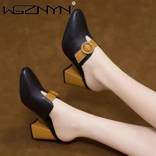 Women High Heeled Platform Half Slippers Leather Mules Femme Pointed Toe Feminino Office Ladies Chaussure Elegant Backless Shoes