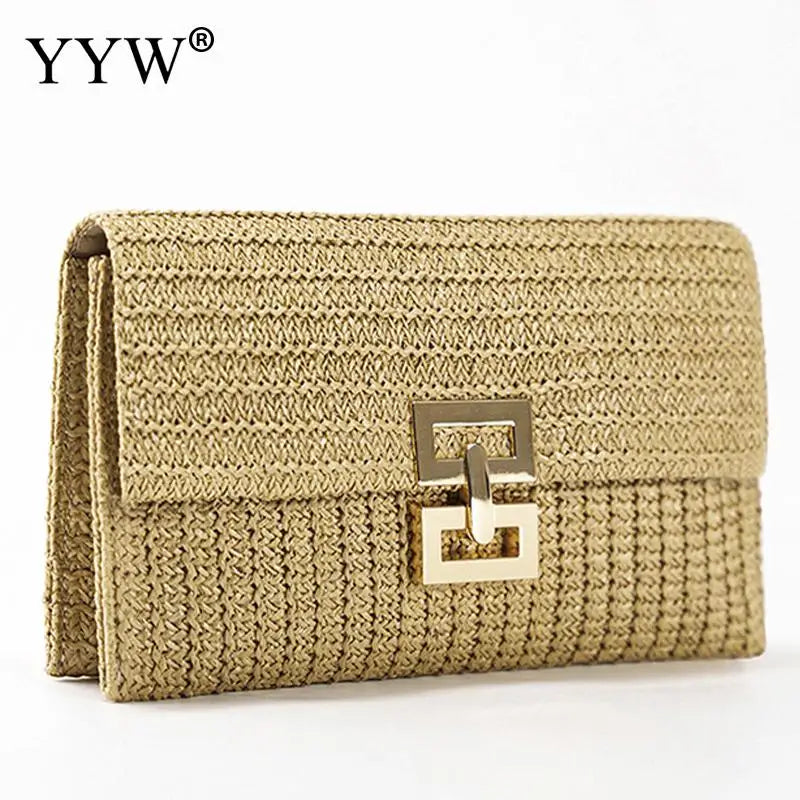 Straw Envelope Evening Party Handbag Fashion Women Weave Pattern Gold Clutch Messenger Purses Lady Daily Commuting Wallet Bags