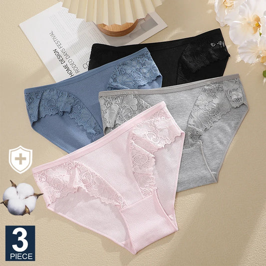 FINETOO 3Pcs Cotton Briefs Sexy Lace Underwear Transparent Lace Panties For Women Cotton Crotch Panty Stretch Lingerie Lady Pant