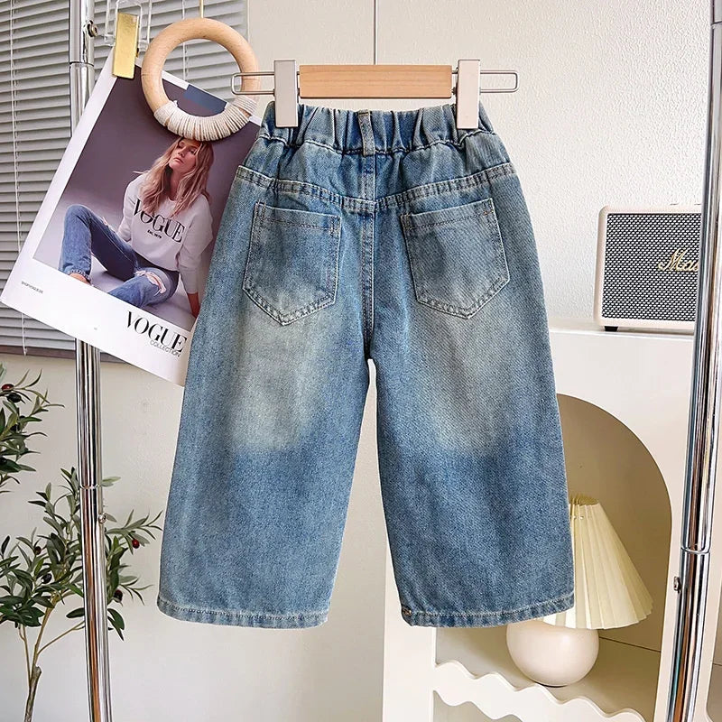 Girls Jeans Long Trousers Kids Pants Cotton 2024 Pearl Spring Autumn Baby's Teenagers Sport High Quality Children's Clothing