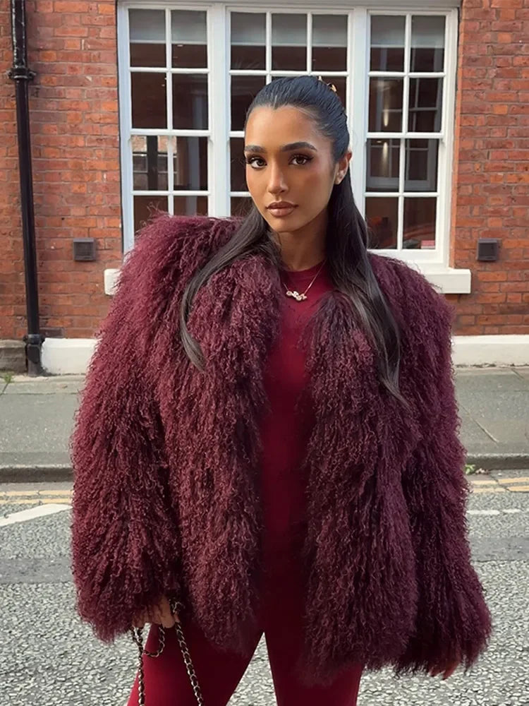 Women Chic Burgundy Fluffy Faux Fur Short Coat Luxury Lapel Thick Warm Furry Jacket 2024 New Lady Fashion High Street Outerwear