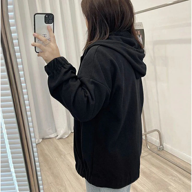 2022 Autumn New Fashion Temperament Korean Plus Size Hoodies Women Loose Casual Waffle Sweatshirt Jacket Solid Elegant Cardigan