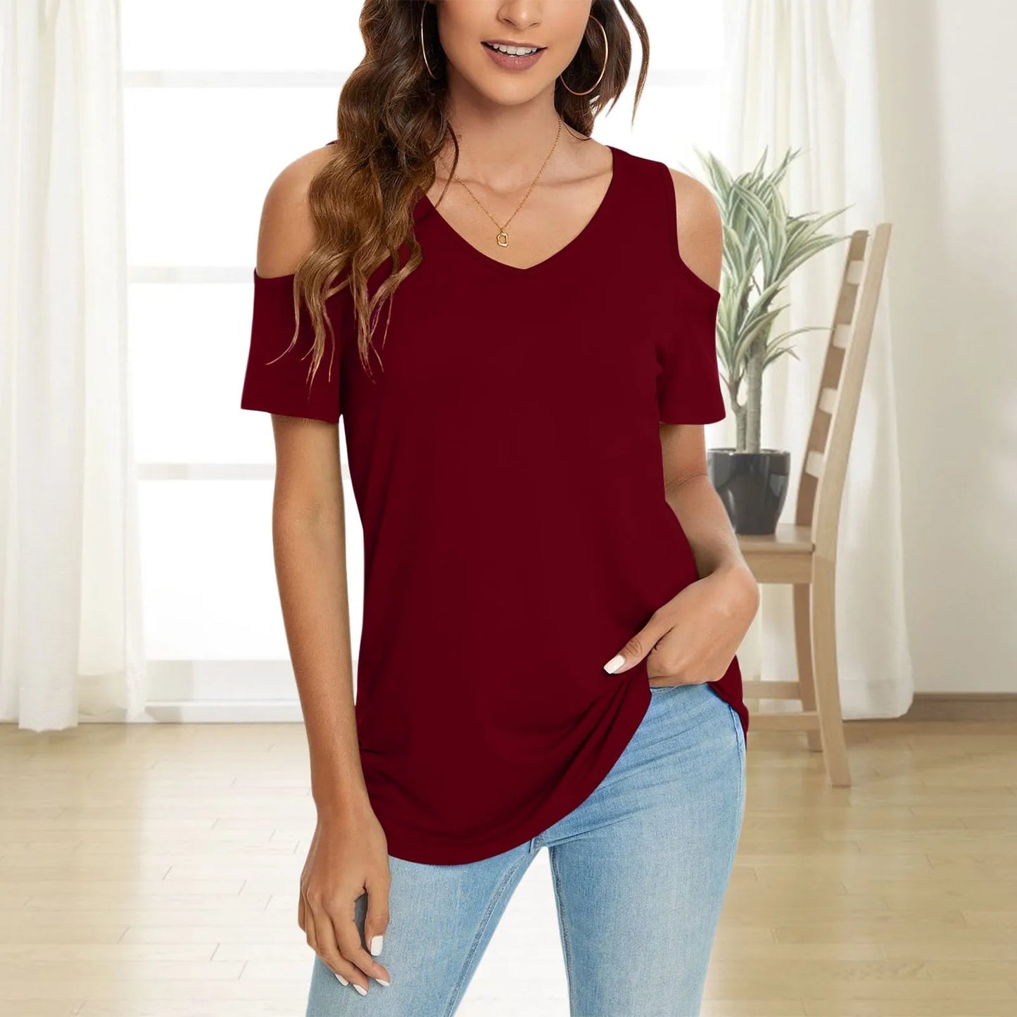 2022 Womens Summer T Shirt Elegant Casual Cute Cold Shoulder Short Sleeve V Neck Top Fashion Loose Plus Size Pullover Sling Tops