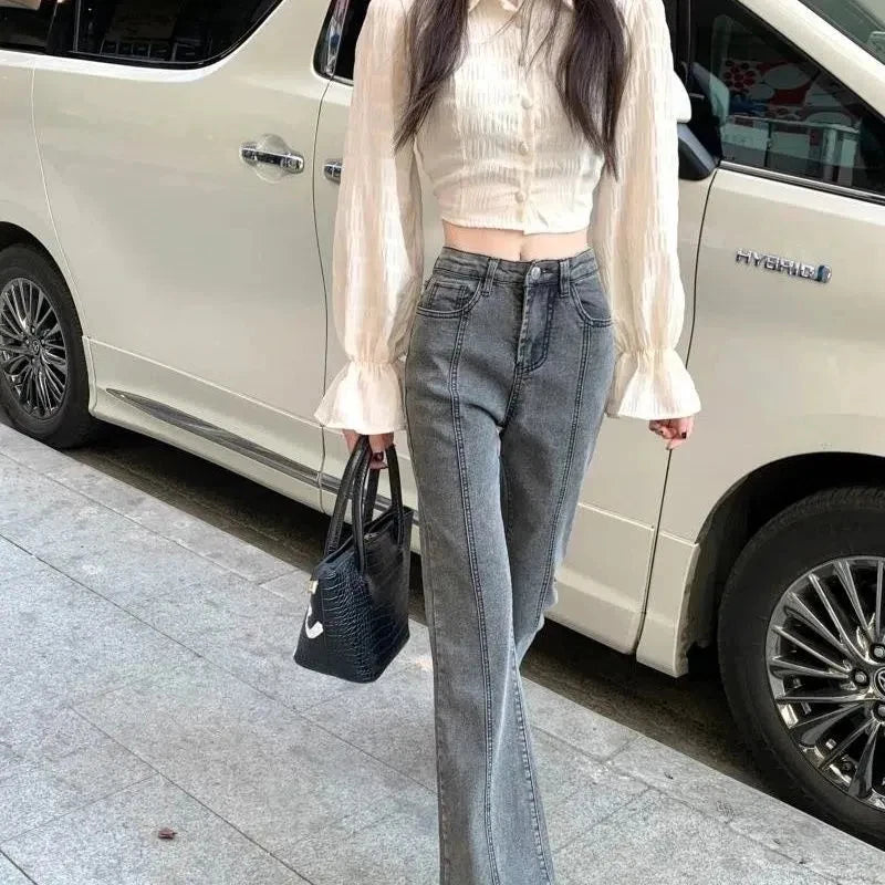 Vintage High Waist Flare Jeans High Street Women Boot Cut Denim Pant Slim Loose Korean Casual Button Up Zippers Gray Trousers