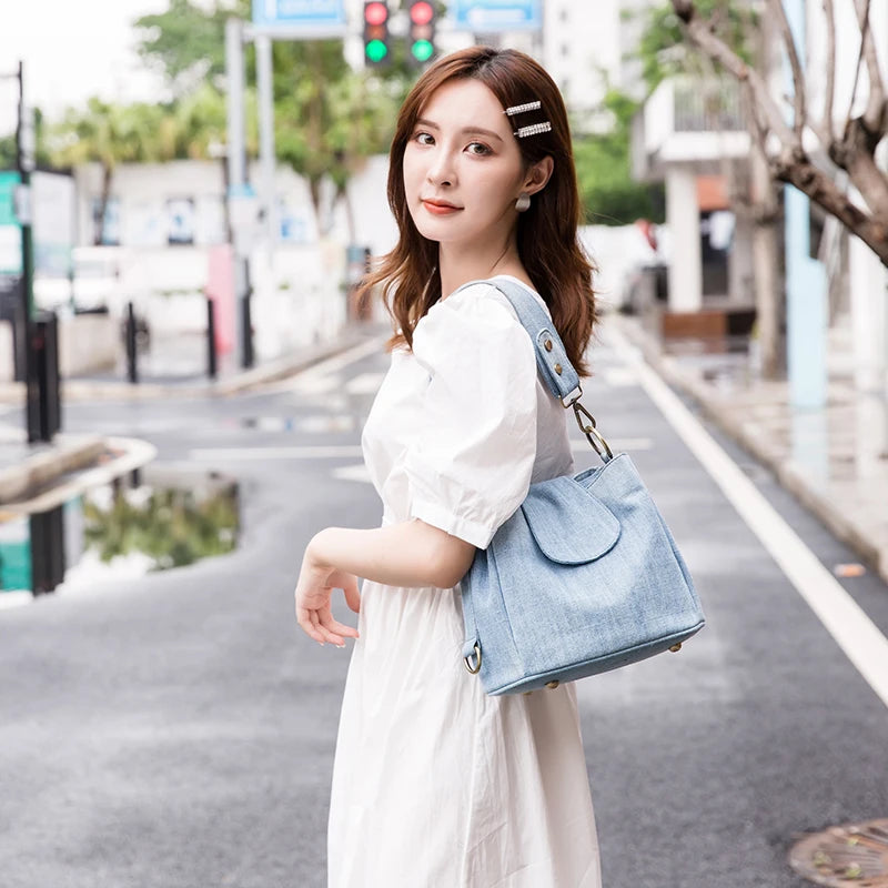 Casual Denim Bucket bag for women Shoulder Crossbody Bag Multiple pockets  ladies handbag Luxury design Female big Totes blue