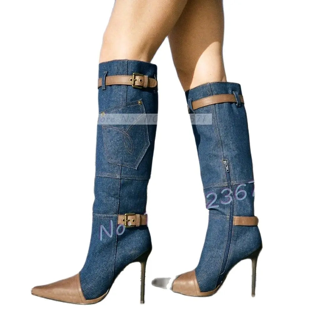 Mixed-Denim Knee High Boots With Buckle Women Newest High Heels Splicing Shoes Brown Pointed Toe Office Ladies Casual Women Boot