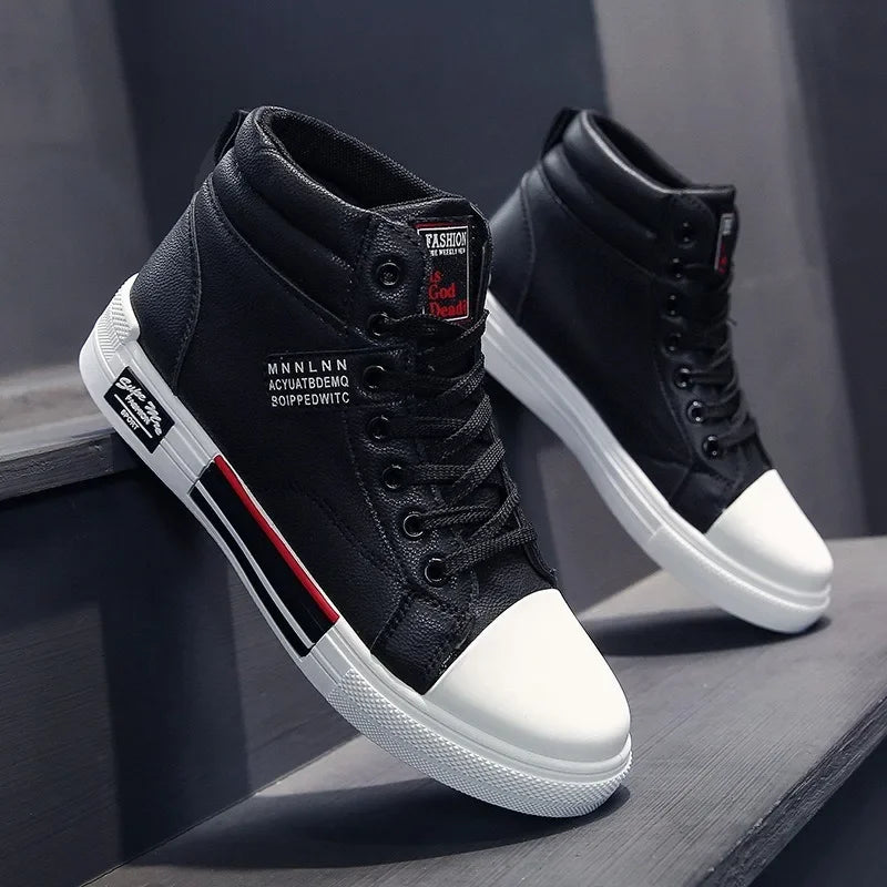 2024New Men's Shoes Fashion Leather Casual Shoes High Top Sneakers Lace Up Training Shoes for Men Non Slip Flats Tenis Masculino