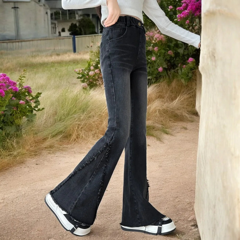 Kids Black Bootcut Jeans for Girls Denim Trousers Pattern Teenagers Pants School Children Outfits Baby Clothes 5 7 9 12 13 Years