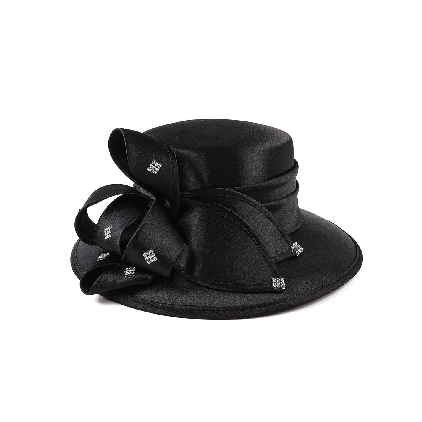 Premium Fancy Black Satin Cloth Church Hat Formal Photography Hats Chains Fashion Flower Wedding Top Hat for Women Ladies Girls