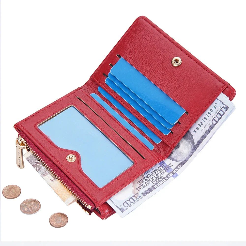 Bifold Short Women Wallet Red Leather Slim Purse Hasp Small Wallet Zipper Coin Purses Ladies Card Holder White Wallets for Women