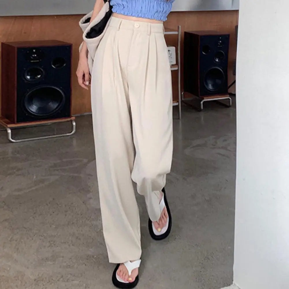 Wide Leg Dress Pants Elegant Women's High Waist Wide Leg Suit Pants with Pockets Solid Color Office Lady Trousers Button Zipper