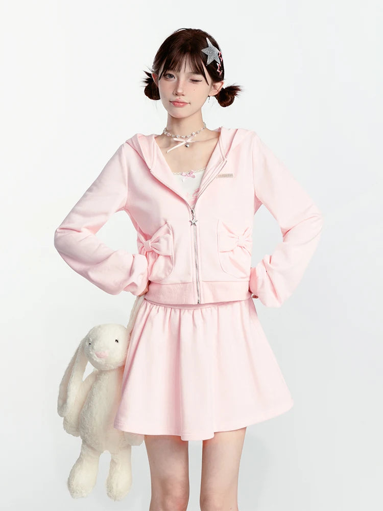 Japanese Style Sweet Pink Sweatshirt Set Y2k Girl Hooded Zipper Hoodies High Waist A-line Pleated Mini Skirt Two-piece Set Women