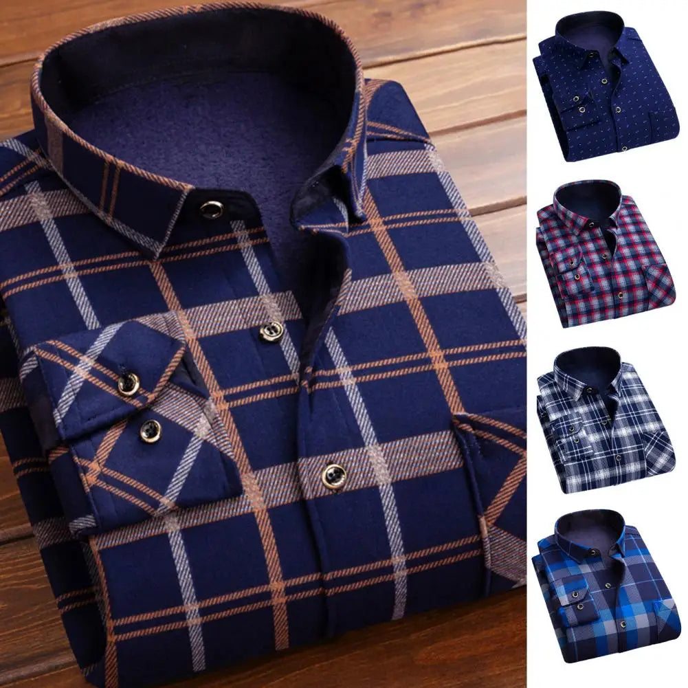 Men Fleece Thermal Shirts Plaid Print Thick Plush Men's Cardigan Shirt for Fall Winter Business Style Lapel Single-breasted