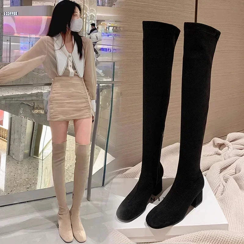 Elastic Long Faux Suede Boots Woman Over-the-knee Boots Casual Black Platform Shoes for Women Autumn Ladies Bottes 2024