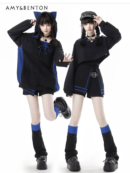 Early Autumn New Gothic Street Y2K Outfits Harajuku Blue Plaid Splicing Hooded Oversized Hoodie A-line Skirt Two-piece Set Women