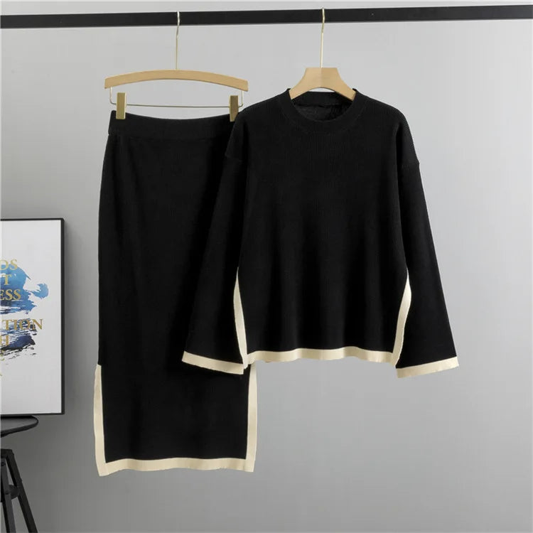 Two Piece Sets Knitted Skirt Women Pullover Round Collar Solid Sweater Long Split Skirts Suit 2024 Autumn Casual Knit Outifits