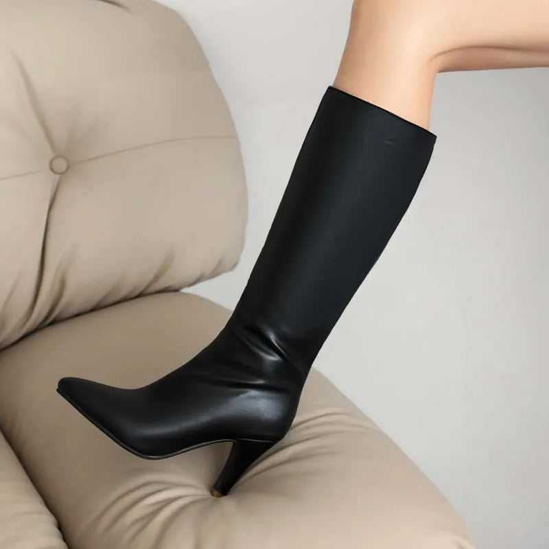 SIMLOVEYO Women Knee High Boots Pointed Toe Small Heels 8.5cm Size 45 46 47 Fashion Sexy Party Female Booties