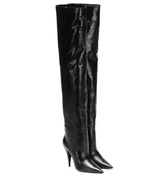 New Woman Black Burgundy Cow Suede Spike Heels Thigh Boots Female Pointed Toe Sexy Pleated Slip On Tube Over The Knee Long Boots