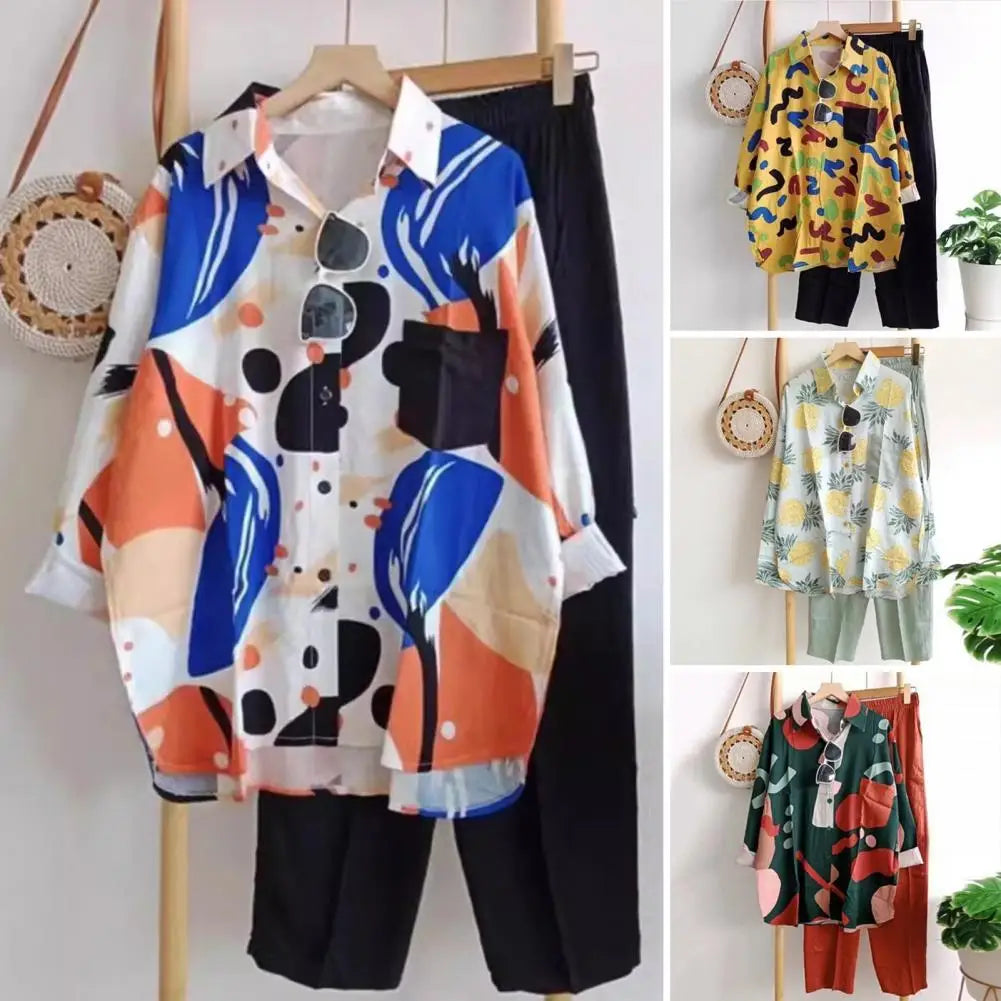 Loose Fit Women Suit Colorful Print Women's Shirt Pants Set with Long Sleeve Blouse Wide Leg Trousers Casual Daily for Ladies