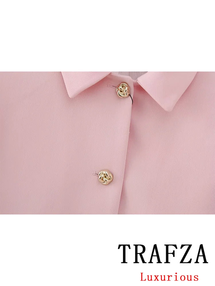 TRAFZA Vintage Chic Office Lady Pink Solid Women Suit Pockets Blazer Belt Straight Loose Pants New Fashion 2024 Office Lady Set