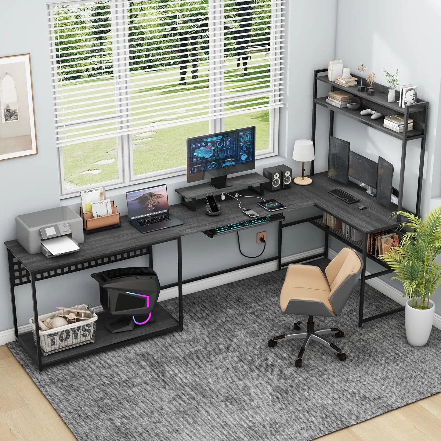 Vabches Computer Desk with Monitor Stand&LED Light Reversible Gaming Desk with Charging Station&Storage Shelves for Home Office