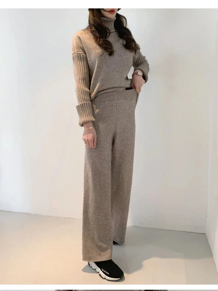 Women's Turtleneck SweaterSuit Autumn and Winter theNew Cashmere Sweater Knitted Wide-Leg PantsFashionable StylishTwo-Piece Suit