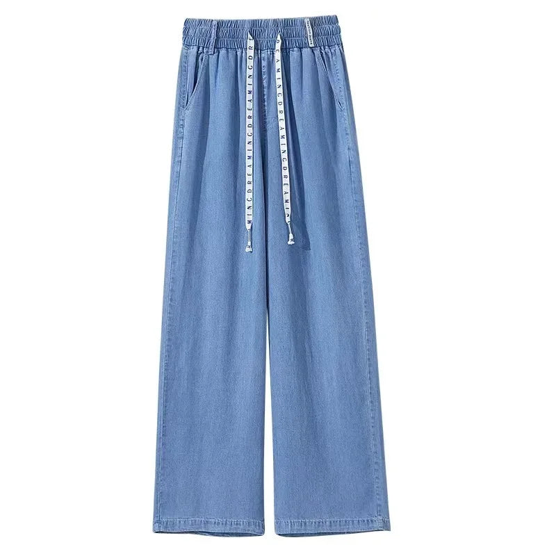 S-4XL Summer Thin Jeans Women Elastic Waist Straight Wide Leg Trousers Casual Fashion Female Soft Breathable Pants 2023 New