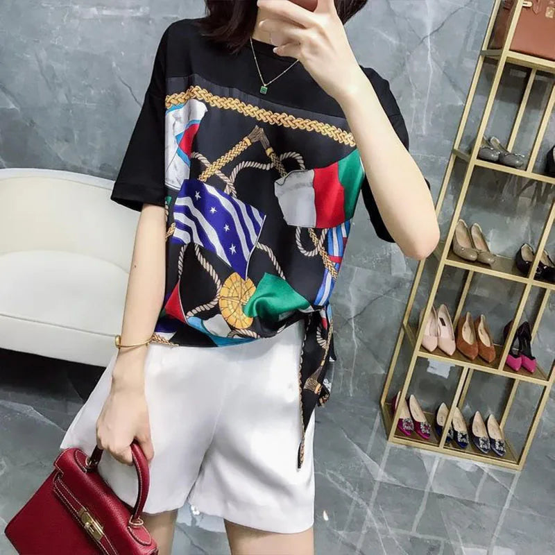 Design Casual Short Sleeve Blouses Korean Top News 2023 Korean Fashion Lacing Temperament Streetwear Printing Women's Clothing