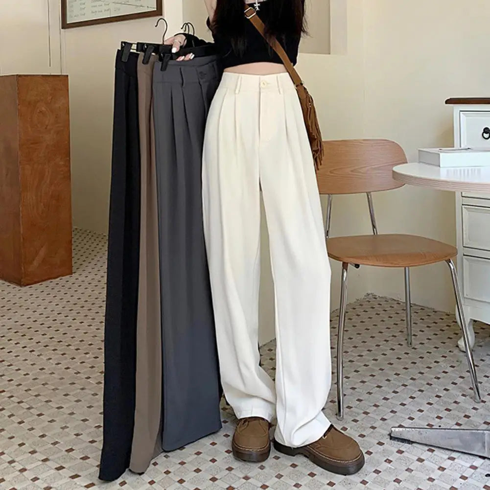 Women Wide Leg Dress Pants High Waist Button Zipper Fly Casual Trousers With Pockets Solid Color Office Lady Long Pants Workwear