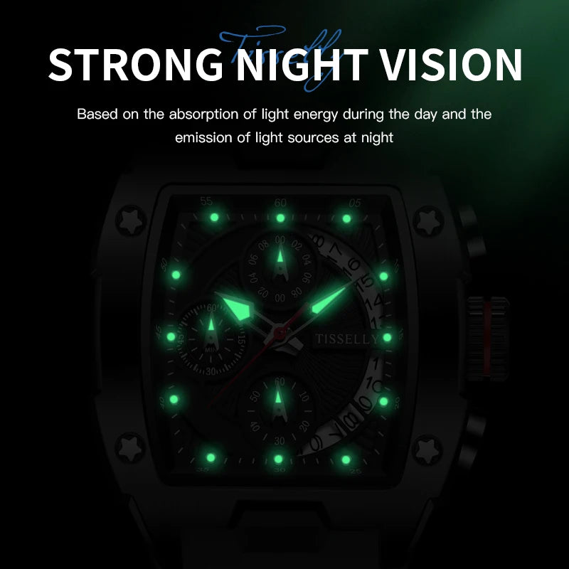 Trend Tonneau Men Watch Quartz Movement Sport Design Waterproof High Quality ChronographClock Date Luminous