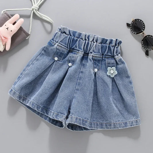 V-TREE Girls Denim Shorts Teenage Girl Summer Lace Pants Kids Bow Clothes Children Flowers Embroidery Jean Short For Teenager