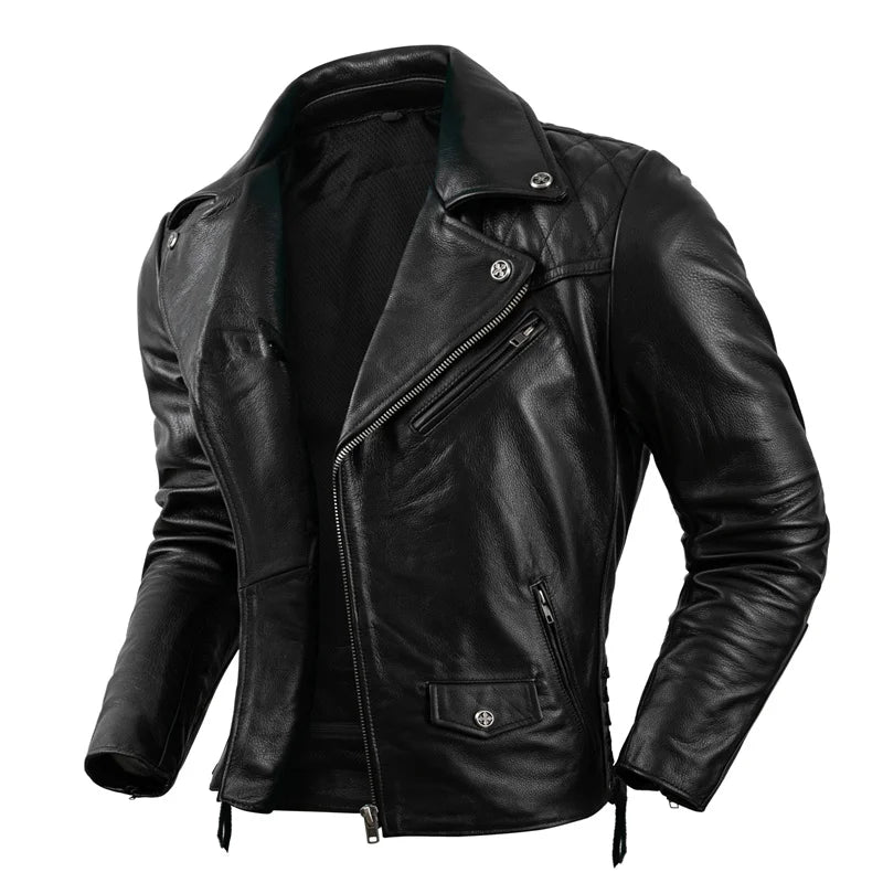 Natural Cowhide Oblique Zipper High Quality Coat Size S-5XL Men Motorcycle Jacket Protectors Genuine Leather Clothes