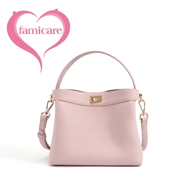 Famicare Luxury Genuine Leather Bucket Handbag Women Simplicity Crossbody Messenger Lady Fashion Small Square Shoulder Bag New