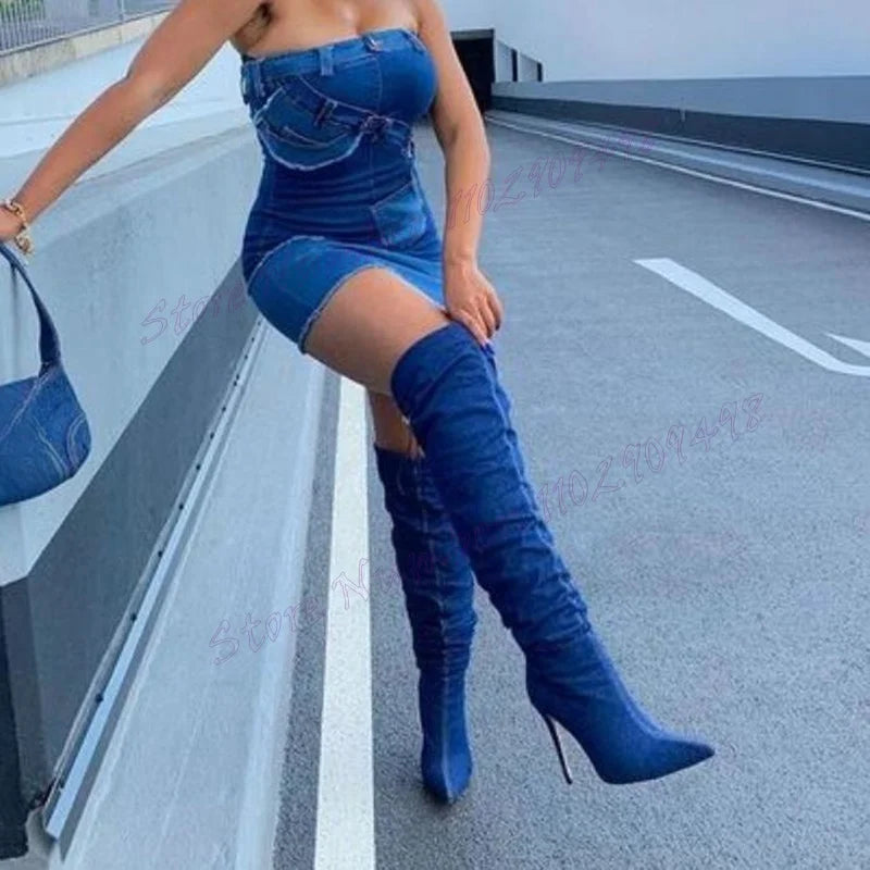 Blue Denim Knee High Boots Pointed Toe Shoes for Women Stilettos High Heels Sexy Lady Party Shoes 2024 Zapatos Para Mujere