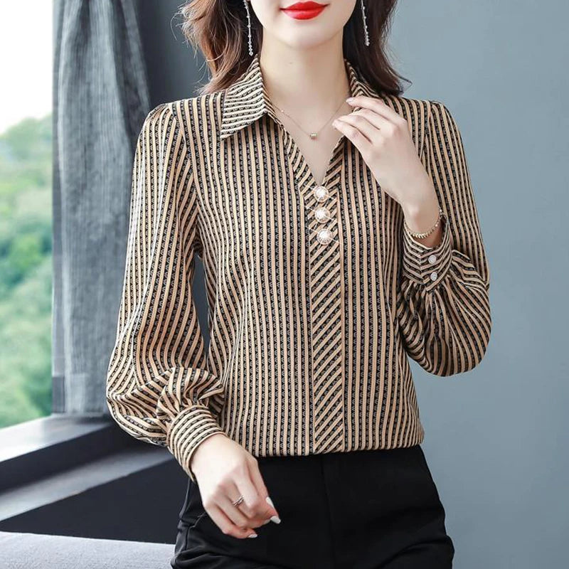 Striped Print Elegant Korean Fashion Office Lady Business Casual Shirt Spring Autumn Long Sleeve Top Blouse Women Blusas Clothes