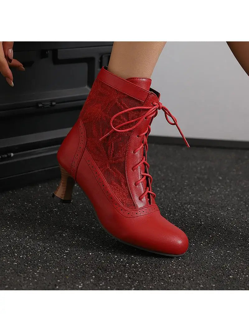 Red Lace Boots Women Shoes Med  Ankle Rock Ladies Retro Lace-Up Floral Shoes White Ankle Boots  Low Red Rock Med Ladies Lace-Up