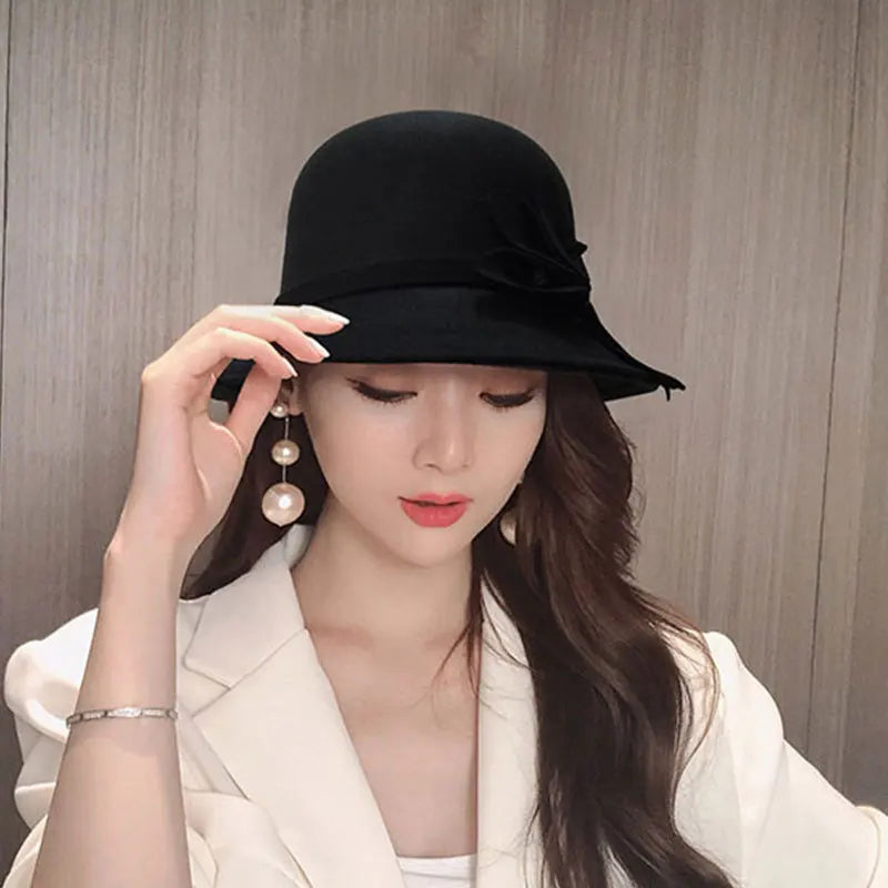 Women Bow-knot Hat Korean Woolen Felt Fedoras Ladies Vintage Elegant Bucket Cap Warm Autumn Spring Panama Hat Bowknot Girls