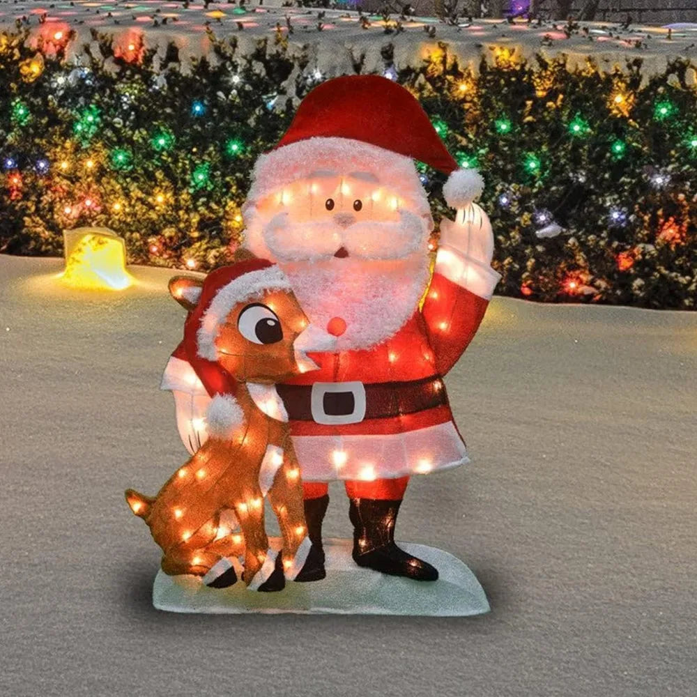 Pre Lit Fabric Santa Claus and Rudolph 2D Outdoor Holiday Lawn Ornament Christmas Yard Decoration with 70 Clear Lights and Stand