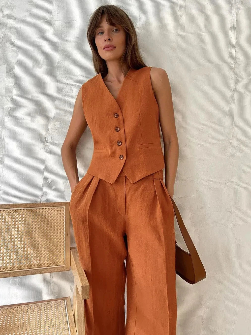 Women Linen Cotton Chic Vest ＆ Pants Suit Two-Piece Set Office Ladies Summer Chic 2 Piece Sets Womens Outfits