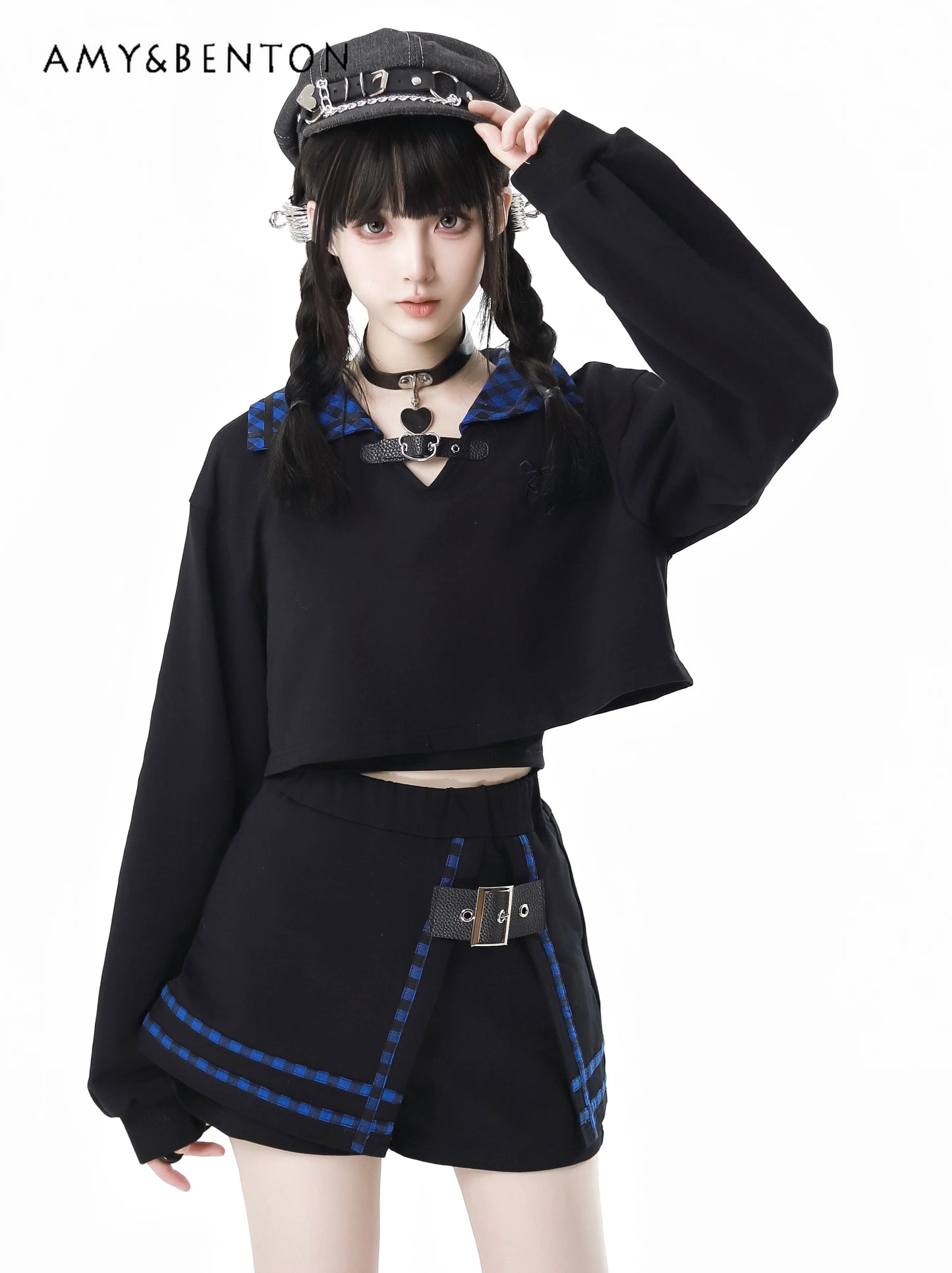 Early Autumn New Gothic Street Y2K Outfits Harajuku Blue Plaid Splicing Hooded Oversized Hoodie A-line Skirt Two-piece Set Women