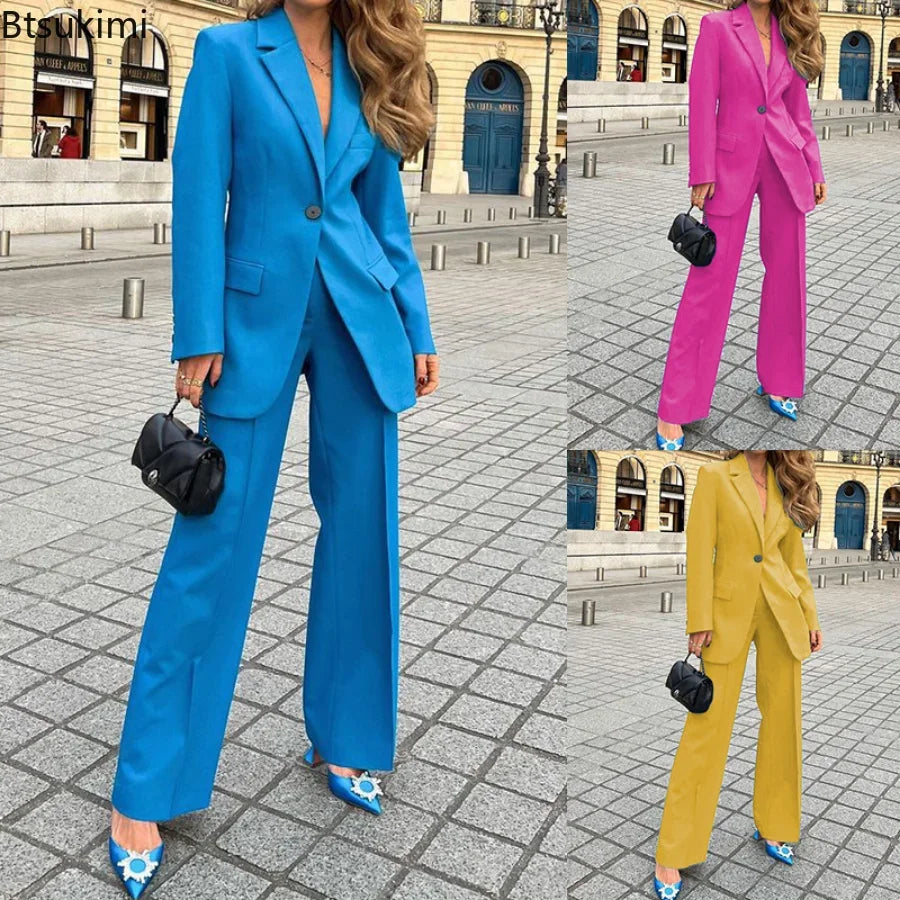 2024 Women's 2PCS Formal Dress Sets Elegant Solid Long Sleeve Blazer Suits and Pants Business Office Two Piece Set Female Sets