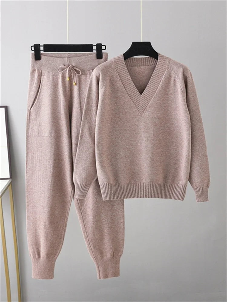 Winter Women Knitted Sport Suits Two Piece Set Women Outfit Drawstring Jogging Harem Pants V Neck Pullover Sweater Set Knitwear