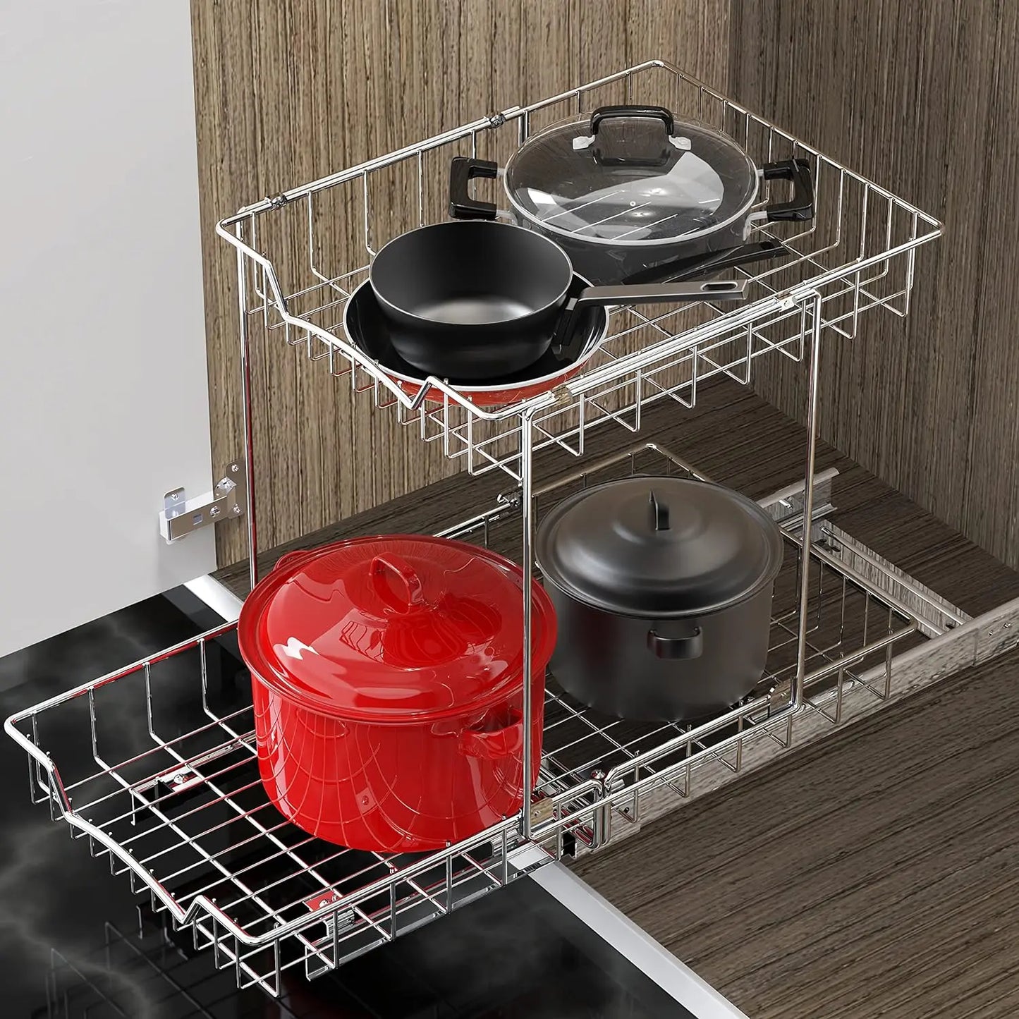 Simple Houseware 2-Tier (L+L) Organizer Pull Out Under Cabinet Sliding Shelf, Chrome