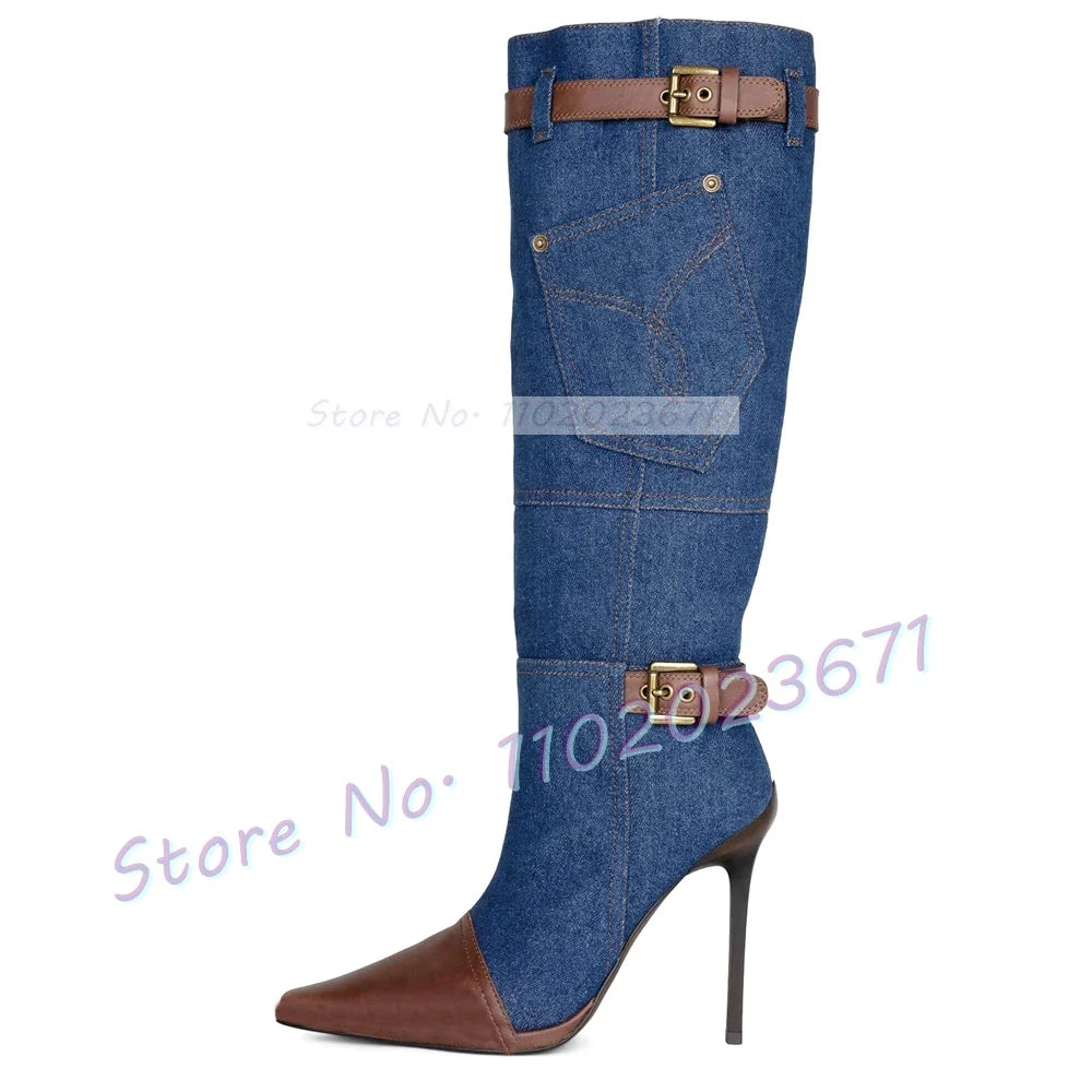 Mixed-Denim Knee High Boots With Buckle Women Newest High Heels Splicing Shoes Brown Pointed Toe Office Ladies Casual Women Boot